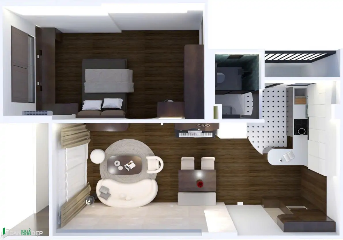 Phối cảnh nhìn từ trên xuống (top-view/3D floor plan) của một phần căn hộ, thể hiện cách bố trí nội thất trong không gian sinh hoạt chung.